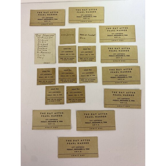 VTG WWII 1944 TICKETS & STUBS DAY AFTER PEARL HARBOR WAR BOND SALE EVENT WW2 WV - Picture 1 of 8